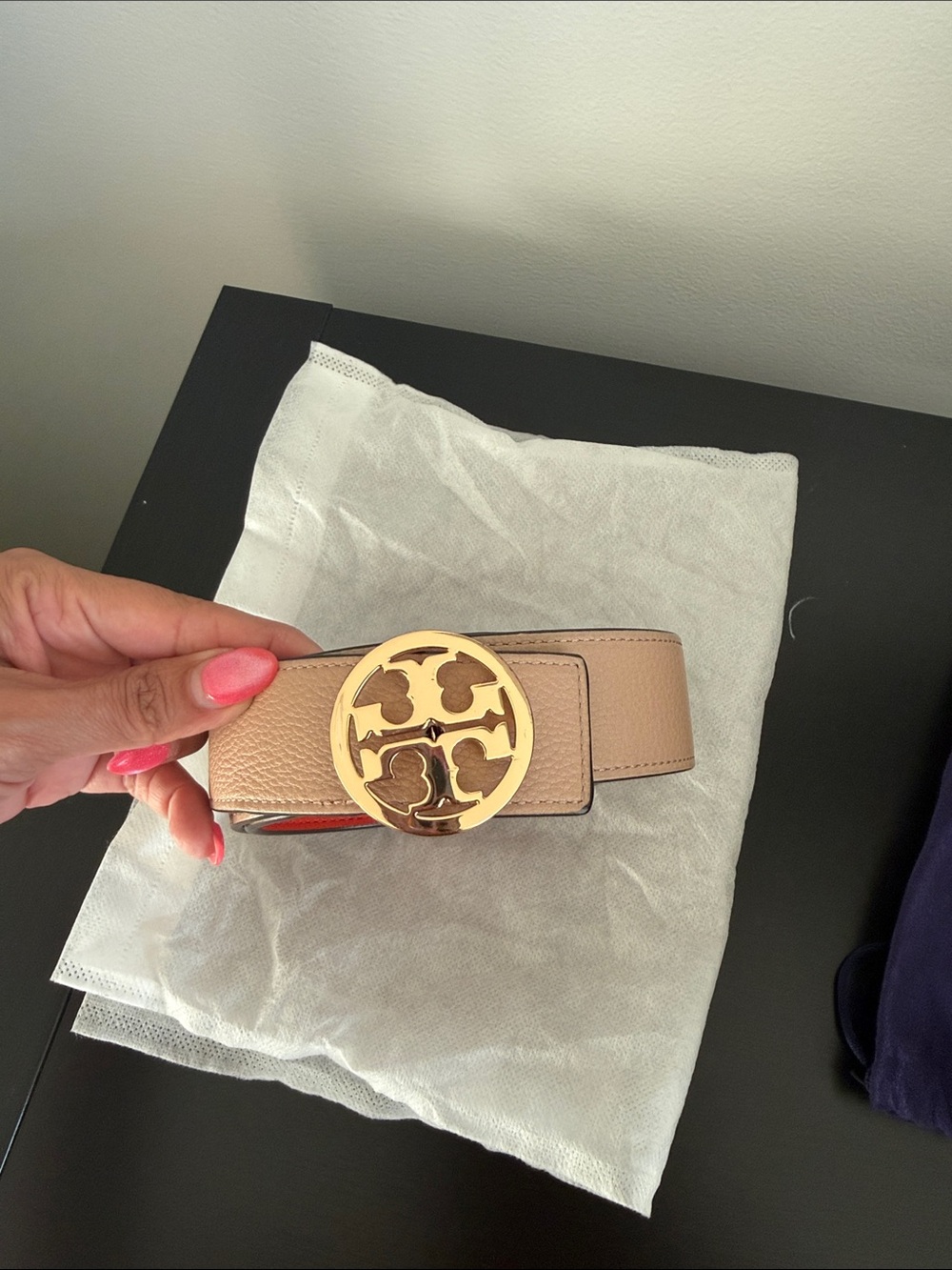 Tory Burch Beige Leather Belt with Gold Logo Medallion